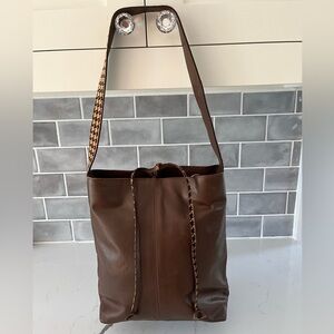 Italian - Falor Le Borse Genuine Leather Brown Shoulder Bag Houndstooth Strap